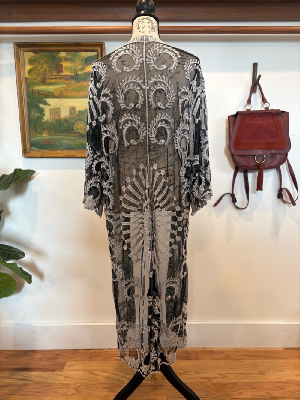 Sheer Black Lace Embroidered Duster Kimono Boho Witchy Layer